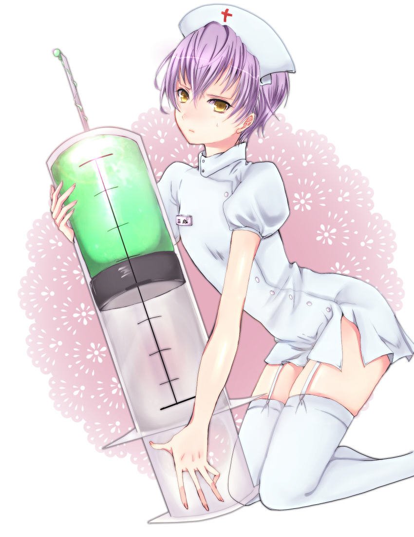 asagiri_(artist) garter_belt genderswap highres ishida_mitsunari ishida_mitsunari_(sengoku_basara) large_syringe nurse oversized_object sengoku_basara syringe thigh-highs thighhighs trap