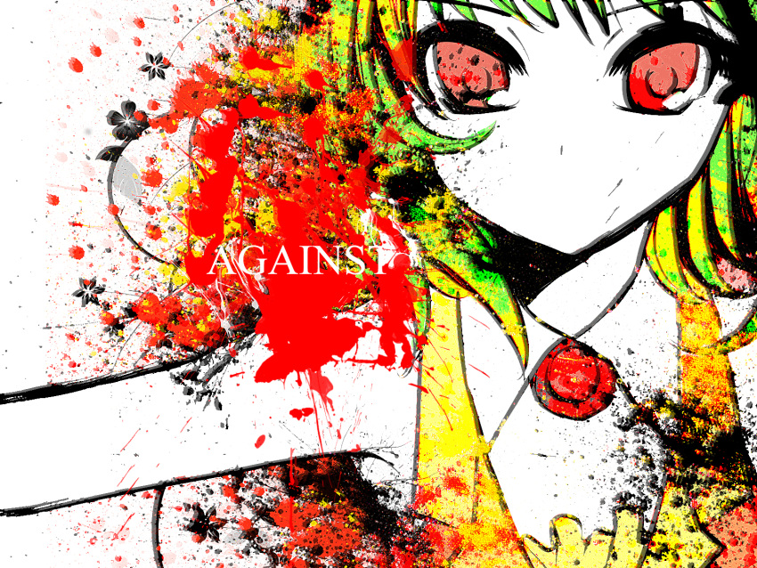 collar female green_hair gumi no_mouth paint_splatter red_eyes solo vocaloid