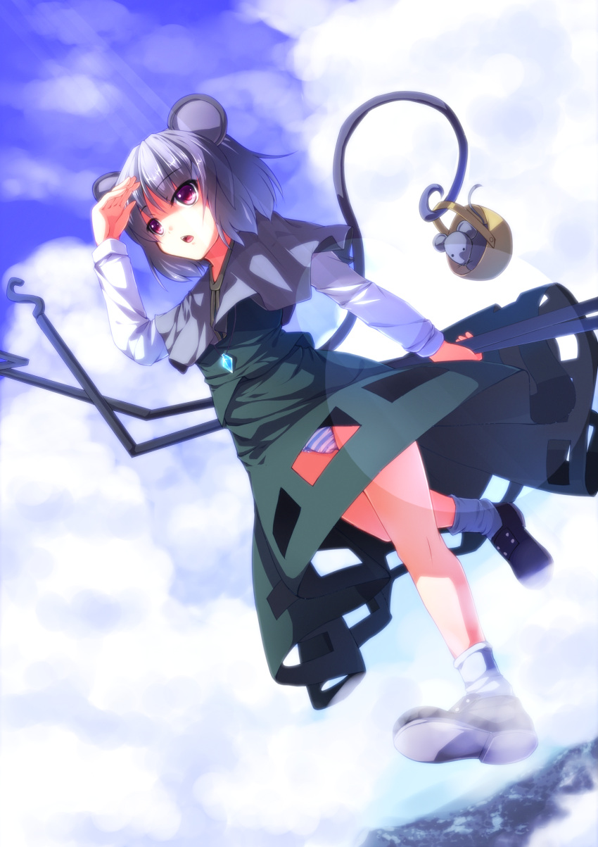 absurdres animal_ears basket capelet covering_eyes dowsing_rod flying grey_hair highres jewelry lens_flare looking_afar mouse mouse_ears mouse_tail nazrin panties pantyshot pendant red_eyes ryosios shading_eyes short_hair sky solo striped striped_panties sunbeam sunlight tail touhou underwear walking