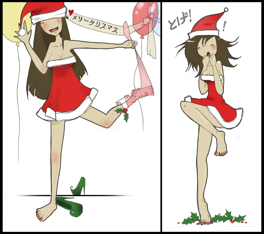 ! 2koma artist_self-insert balloon barefoot blush breasts brown_hair christmas cleavage closed_eyes collarbone comic d: eyes_closed feet hand_over_mouth happy hat hat_over_one_eye heart high_heels highres holly leg_lift legs long_hair nail_polish no_shoes open_mouth original ouch pain salute santa_costume santa_hat santa_suit shoes single_thighhigh sketch smile thigh-highs thighhighs tiptoes toenails toes undressing