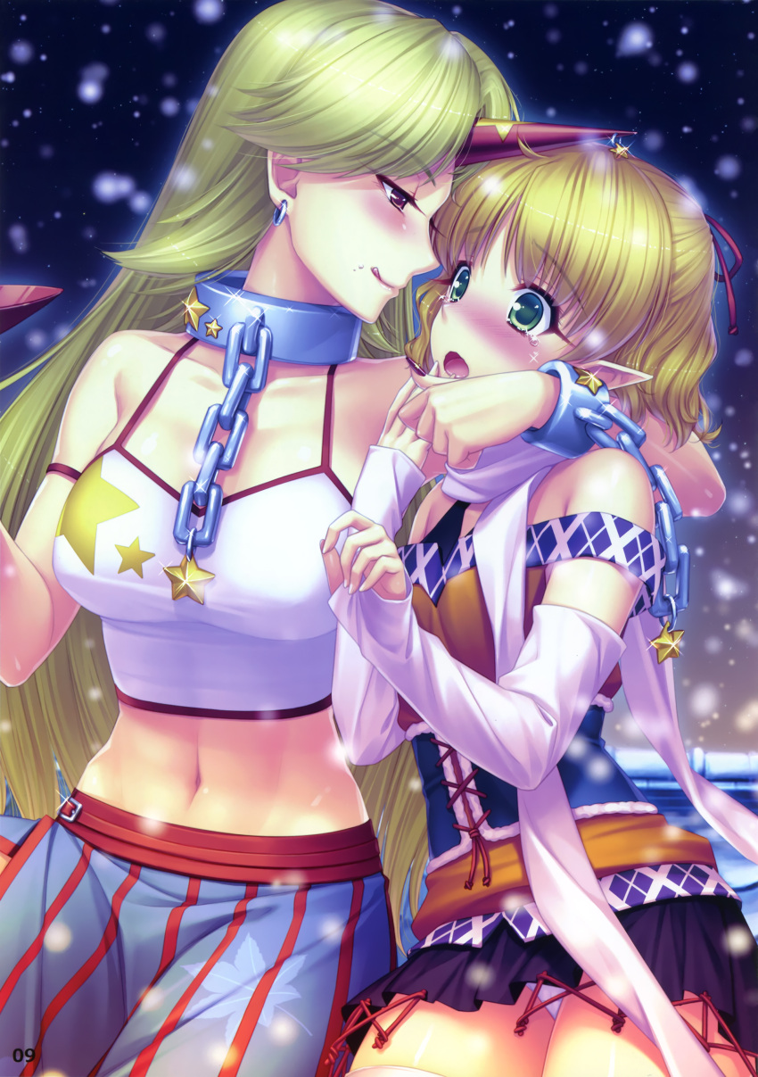 :q abs absurdres adapted_costume arm_around_neck arm_warmers blonde_hair blush chain collar corset crop_top cuffs detached_sleeves earrings fingernails green_eyes hands highres horn hoshiguma_yuugi jewelry long_fingernails long_hair midriff miniskirt mizuhashi_parsee multiple_girls nail_polish navel panties pantyshot pantyshot_(sitting) pantyshot_sitting piercing pointy_ears red_eyes sayori scarf short_hair sitting skirt sleeves_past_wrists star star_print tank_top taut_shirt tears tongue touhou underwear very_long_hair white_panties yuri