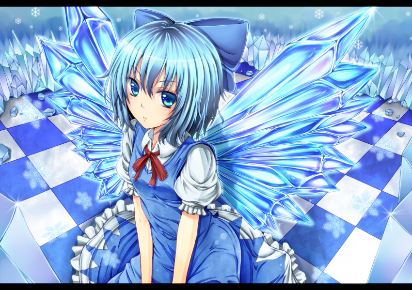 :/ blue blue_eyes blue_hair blush bow checkered checkered_floor cirno dabadhi dress hair_bow highres ice keeling kneeling letterboxed short_hair sitting solo touhou wings