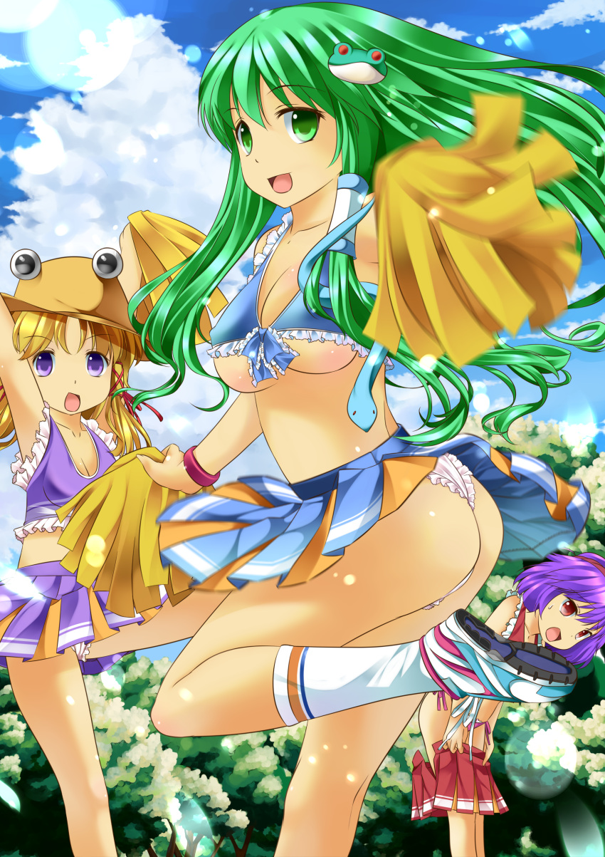 absurdres blonde_hair breasts cheerleader frog green_eyes green_hair hair_ornament highres kochiya_sanae long_hair midriff moriya_suwako multiple_girls onaka_sukisuki panties pom_poms purple_eyes purple_hair red_eyes short_hair snake thong touhou underboob underwear upskirt violet_eyes yasaka_kanako