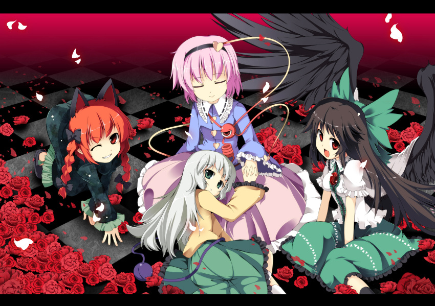 all_fours alternate_hair_length alternate_hairstyle animal_ears black_wings bow brown_hair cape cat_ears checkered checkered_floor closed_eyes dress extra_ears eyeball flower flowers fujy hair_bow hands_clasped highres interlocked_fingers kaenbyou_rin komeiji_koishi komeiji_satori lap_pillow letterboxed long_hair looking_at_viewer lying multiple_girls no_hat no_headwear on_side petals pink_hair red_eyes red_hair red_rose reiuji_utsuho rose rose_petals short_hair silver_hair sitting third_eye touhou wings wink