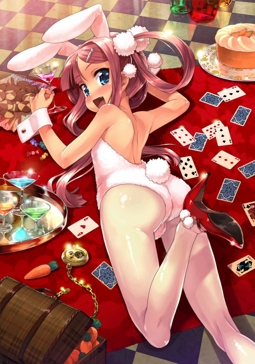 animal_ears ass bare_back bare_legs bare_shoulders blue_eyes blush brown_eyes bunny_ears bunny_girl bunnysuit cake card cards carrot checkered cookie drink fang flat_chest food glass goblet hair_rings high_heels highres kneepits koihime_musou legs looking_back lying lying_card on_stomach open_mouth pantyhose pink_hair pocket_watch shiny shiny_skin shirane_taito shoes smile sonshoukou tail treasure_chest watch wrist_cuffs