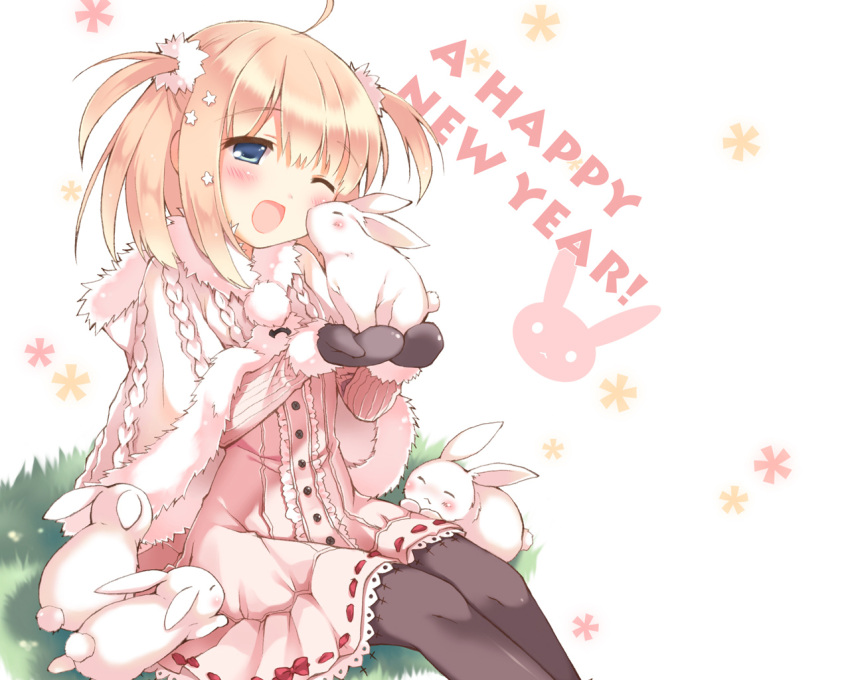1girl ahoge animal artist_request blonde_hair blue_eyes blush dress grass happy_new_year mittens open_mouth pantyhose rabbit short_hair sitting smile solo source_request two_side_up wink