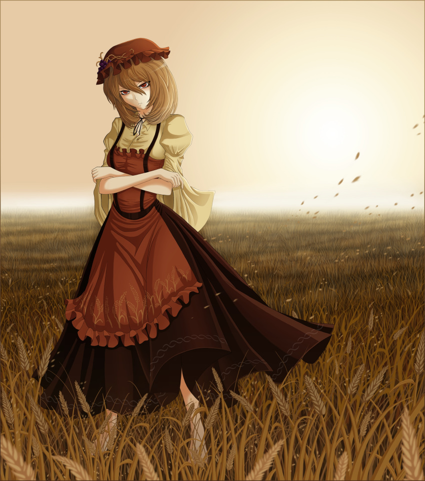 aki_minoriko apron barefoot blonde_hair breasts crossed_arms dress field food fruit grapes grass hat head_tilt highres leaf plant red_eyes serious sky solo stainglass_(artist) touhou wheat