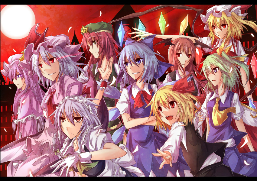 apron ascot bat_wings blonde_hair blue_eyes blue_hair bow braid cirno clock crescent crystal daiyousei dress fairy_wings flandre_scarlet gloves green_eyes green_hair grin hair_bow hair_ribbon hat hat_ribbon head_wings highres hong_meiling izayoi_sakuya koakuma long_hair long_sleeves maid maid_headdress moon multiple_girls open_mouth outstretched_arm outstretched_arms patchouli_knowledge purple_eyes purple_hair ram_hachimin red_eyes red_hair red_sky remilia_scarlet ribbon rumia shirt short_hair short_sleeves side_ponytail silver_hair skirt sky smile star the_embodiment_of_scarlet_devil touhou twin_braids vest waist_apron wings wrist_cuffs youkai
