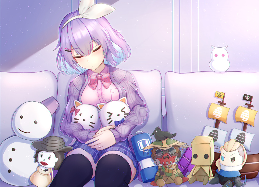 1girl absurdres alcina_dimitrescu apex_legends black_legwear bloodhound_(apex_legends) blue_hair blue_skirt bow bowtie breasts cardigan collared_shirt colored_inner_hair fluixmix hair_ornament hair_ribbon hairband hairclip highres leaning_to_the_side little_nightmares medium_breasts mono_(little_nightmares) multicolored_hair nijisanji nijisanji_kr nun_bora pink_bow pink_bowtie pink_shirt purple_cardigan resident_evil resident_evil_village ribbon school_uniform shirt shirt_tucked_in short_hair skirt sleeping solo sova_(valorant) stuffed_toy thigh-highs valorant virtual_youtuber yellow_ribbon