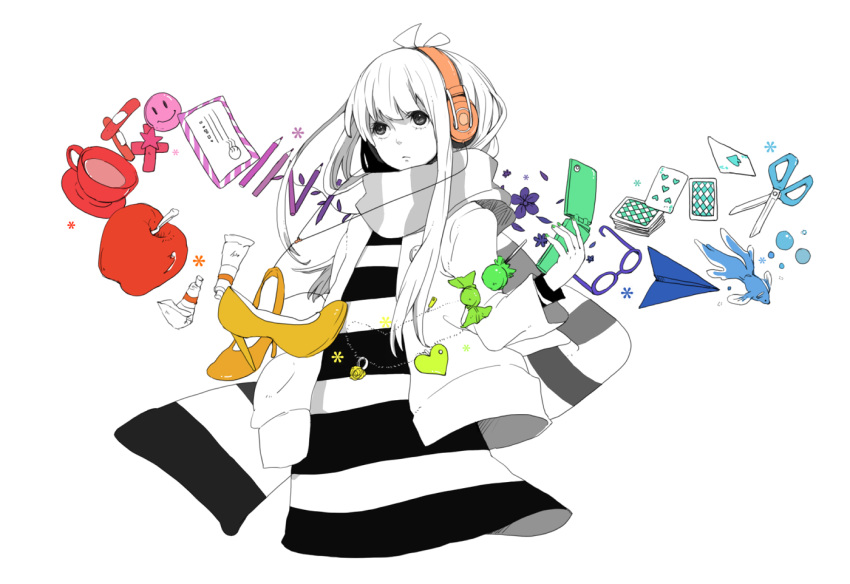apple candy card cards cellphone fish floating_card flower food fruit glasses grey_eyes hatsune_miku headphones high_heels jacket jewelry letter long_hair monochrome nail_polish necklace paper_airplane pencil phone playing_card playing_cards saitamax scarf scissors shoes simple_background solo spot_color striped striped_scarf strobe_last_(vocaloid) vocaloid white_hair