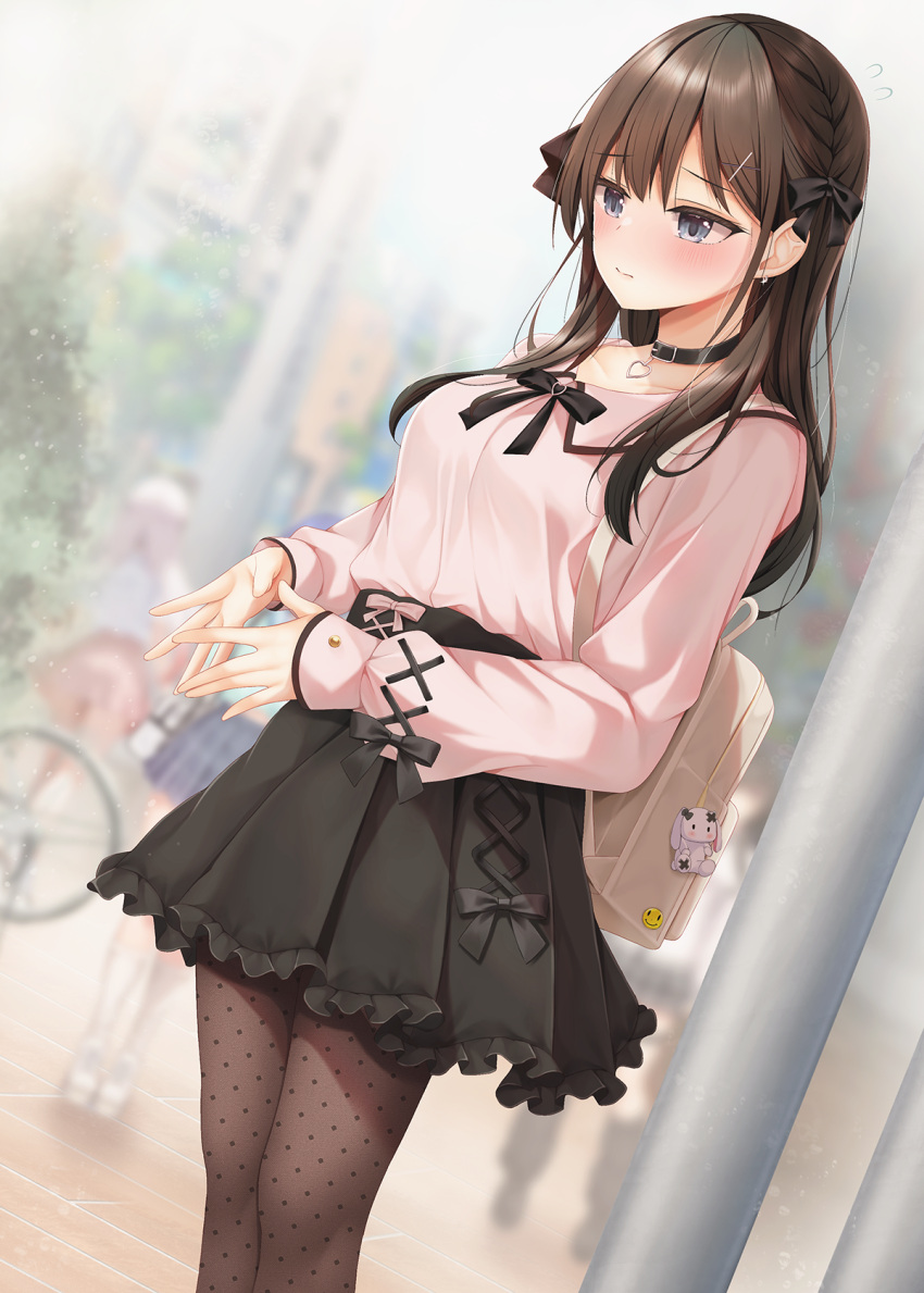 3girls backpack bag black_bow black_collar black_skirt blurry blurry_background blush bow braid breasts brown_hair brown_pantyhose closed_mouth collar collarbone commentary_request day depth_of_field flying_sweatdrops frilled_skirt frills grey_eyes hair_bow hair_ornament hairclip highres jirai_kei long_hair long_sleeves medium_breasts minato_ojitan multiple_girls original outdoors pantyhose pink_shirt pleated_skirt polka_dot polka_dot_pantyhose puffy_long_sleeves puffy_sleeves shirt skirt sleeves_past_wrists solo_focus steepled_fingers