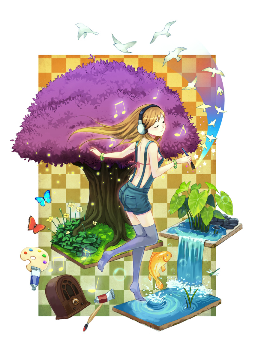 black_legwear black_thighhighs butterfly checkered checkered_background closed_eyes dragonfly eyes_closed fish flower headphones highres kuya-chan musical_note oekaki_musume original paint paintbrush palette radio shorts solo suspenders thigh-highs thighhighs tree water waterfall