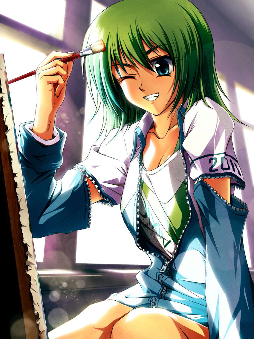 artist bad_id blue_eyes canvas_(object) forfreedo green_hair grin highres oekaki_musume original paintbrush pixiv smile solo window wink zipper