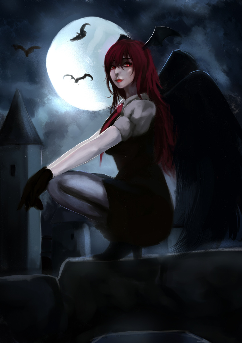 1girl absurdres arm_rest bat clouds demon_wings full_moon gloves gracehoo head_wings high_heels highres koakuma lips long_hair looking_at_viewer moon necktie night night_sky nose pale_skin puffy_short_sleeves puffy_sleeves red_eyes redhead shoes short_sleeves skirt skirt_set sky slit_pupils solo squatting stone_wall touhou tower wall wings