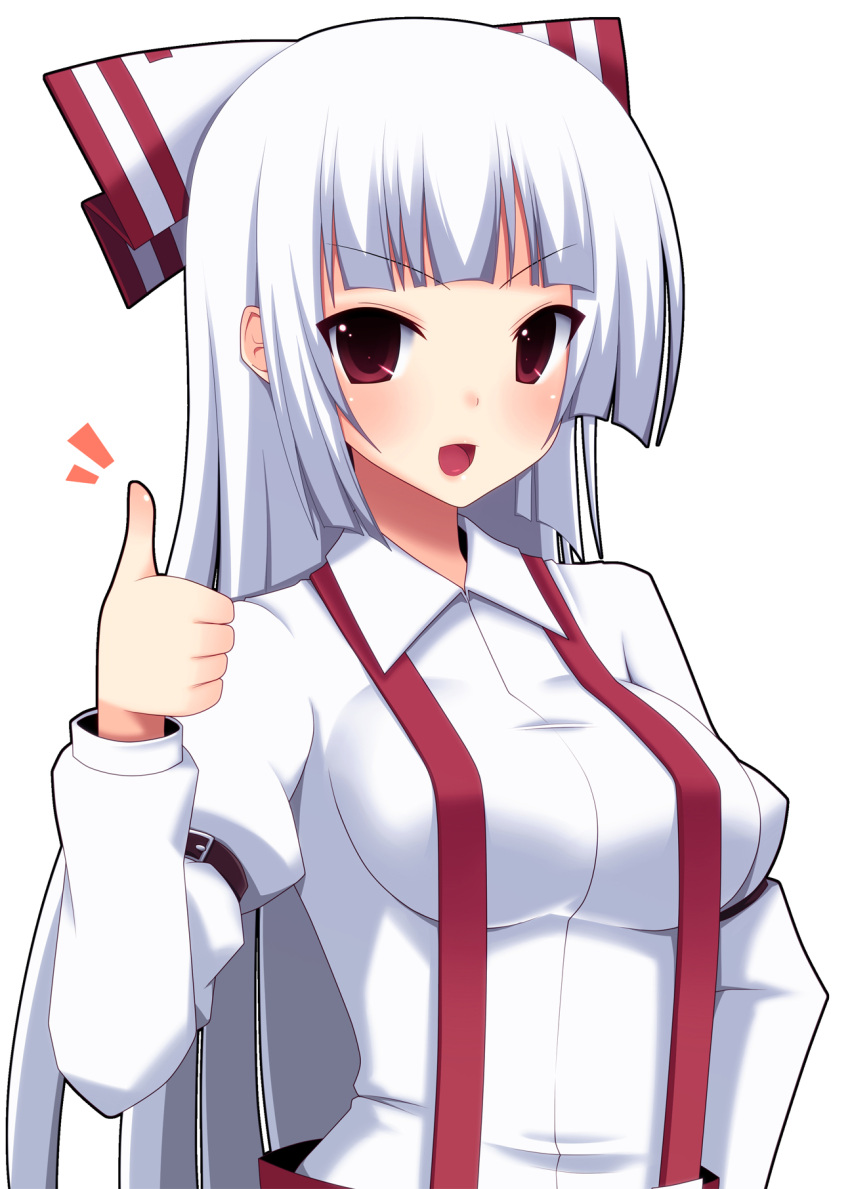 bad_id blush bow fujiwara_no_mokou hair_bow hand_on_hip highres hips long_hair naze open_mouth pants red_eyes silver_hair smile solo suspenders thumbs_up touhou very_long_hair