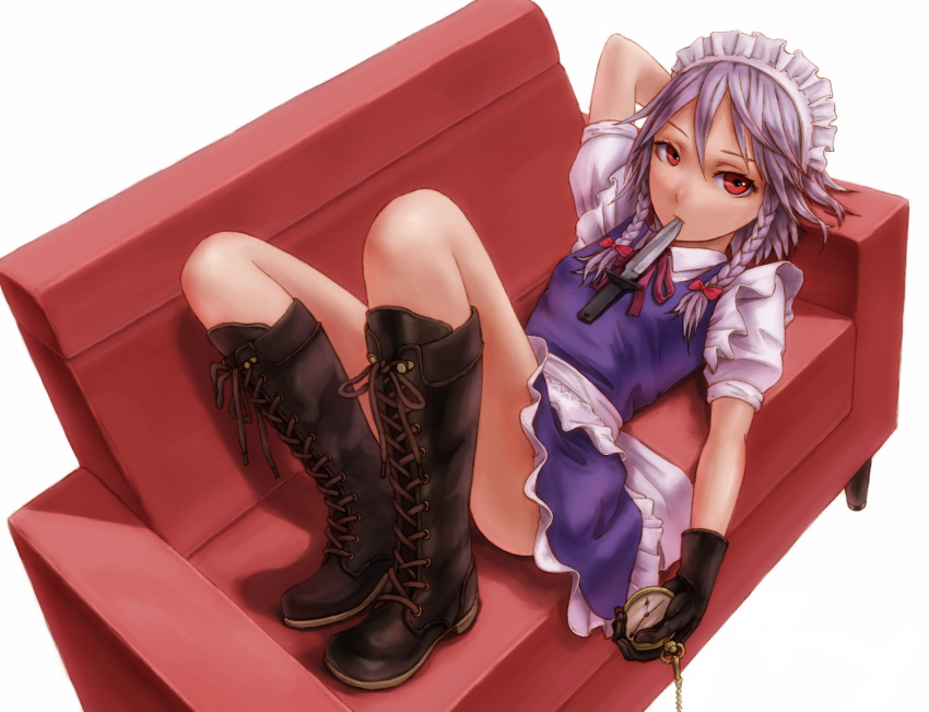 boots bow braid clock couch dress face gloves hair_bow highres izayoi_sakuya knife kurione_(zassou) legs lying maid_headdress mouth_hold pocket_watch purple_hair red_eyes solo the_embodiment_of_scarlet_devil throwing_knife touhou twin_braids watch weapon