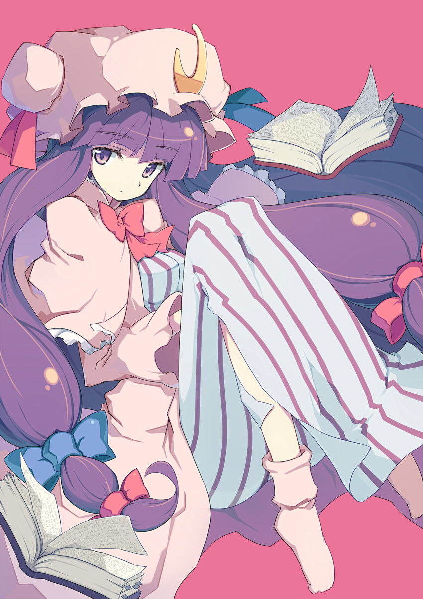 absurdres book crescent hat highres long_hair patchouli_knowledge pera purple_eyes purple_hair solo touhou violet_eyes