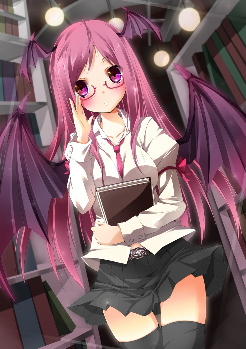 absurdres adjusting_glasses bat_wings belt bespectacled blush glasses head_wings highres koakuma library long_hair nironiro pink_eyes pink_hair red_eyes red_hair redhead skirt solo the_embodiment_of_scarlet_devil thighhighs touhou voile wings