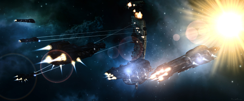 absurdres amarr_empire_(eve_online) artist_name battle building clouds commentary drifters_(eve_online) energy_beam english_commentary eve_online explosion fire fleet flying glowing highres lens_flare nebula outdoors realistic scenery space space_station spacecraft star_(sky) starry_sky_background thrusters vankaiser