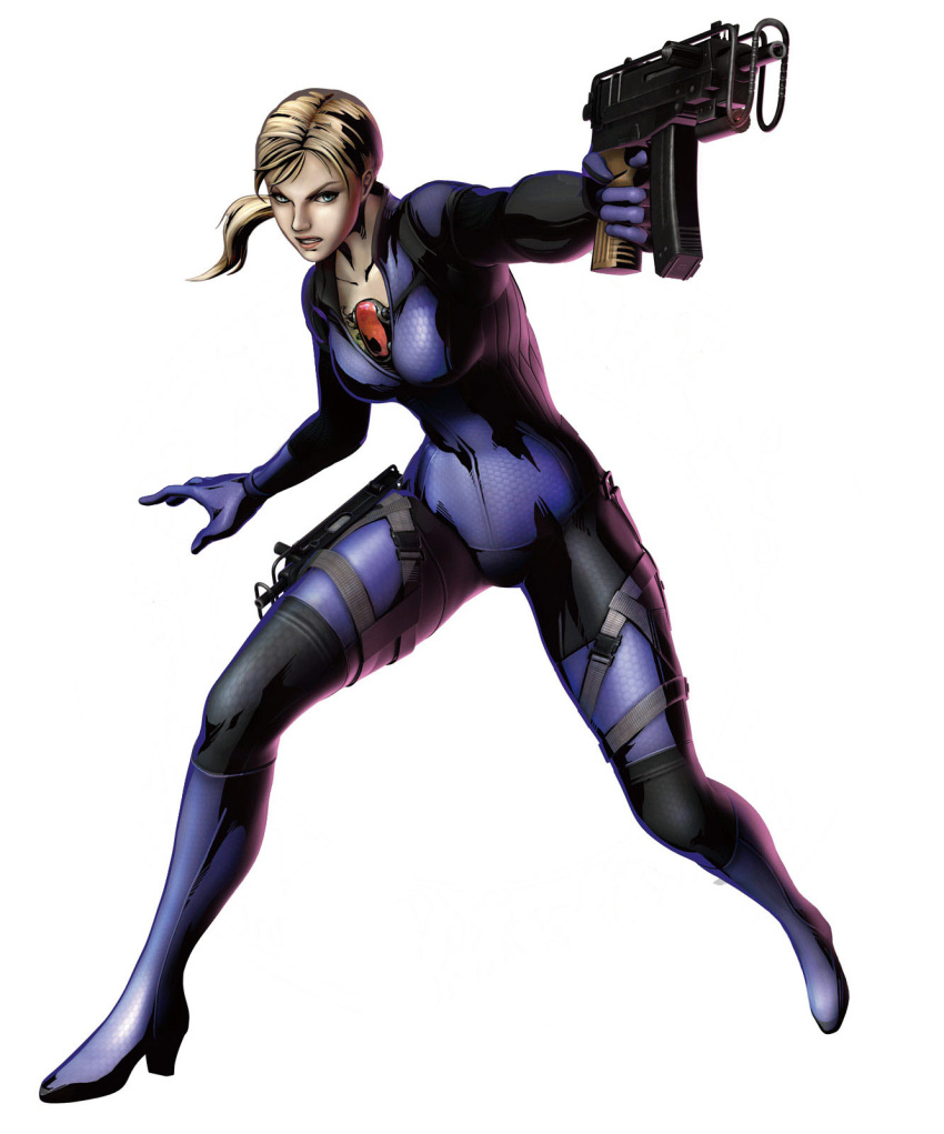 3d blonde_hair blue_eyes bodysuit capcom gun highres jill_valentine machine_pistol marvel_vs._capcom marvel_vs._capcom_3 marvel_vs_capcom marvel_vs_capcom_3 mori_toshiaki official_art ponytail resident_evil resident_evil_5 shinkiro skin_tight skorpion_vz._61 solo submachine_gun thigh_strap weapon