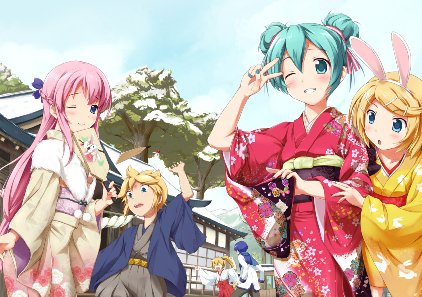 :o animal_ears aqua_eyes aqua_hair blue_eyes braid bunny_ears eyepatch green_eyes grin hagoita hair_ornament hairpin half_updo hanetsuki hatsune_miku japanese_clothes kagamine_len kagamine_rin kaito kimono kotobamaru lips long_hair megurine_luka miko nail_polish new_year open_mouth paddle ponytail ribbon short_hair siblings side_ponytail sky smile tree twins v v_over_eye vocaloid wink