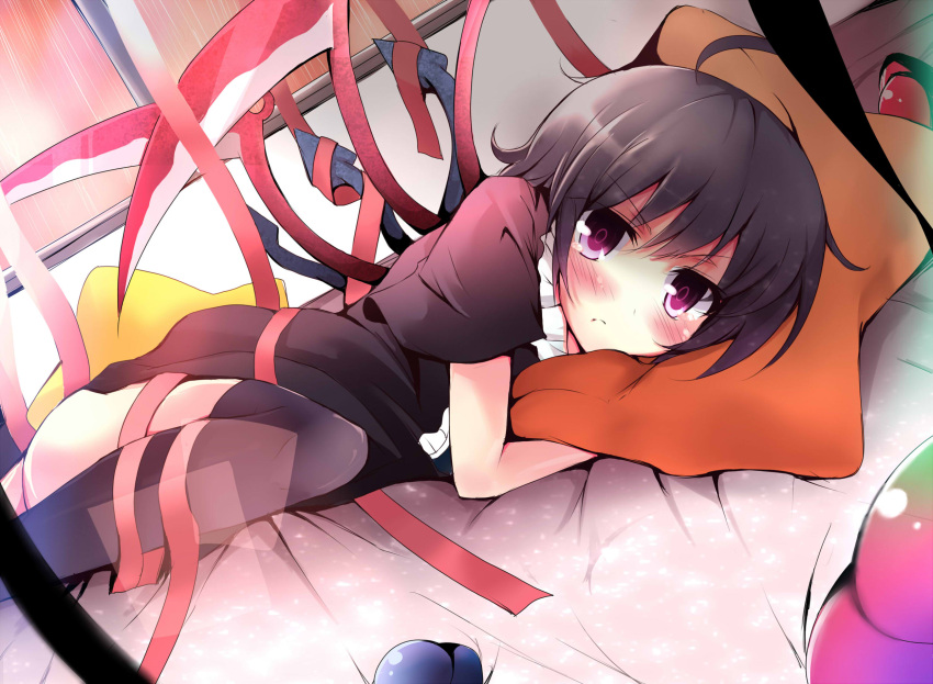 ahoge bed black_hair black_legwear black_thighhighs blush highres houjuu_nue lying madara on_side pillow pillow_hug purple_eyes ribbon short_hair solo thigh-highs thighhighs touhou wings