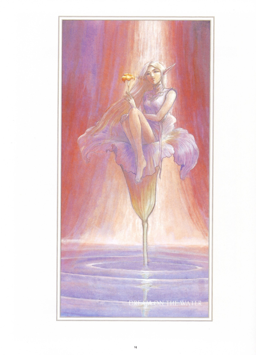 absurdres barefoot blonde_hair deedlit dress elf flower highres long_hair pointy_ears record_of_lodoss_war ripples scan scan_artifacts solo traditional_media water
