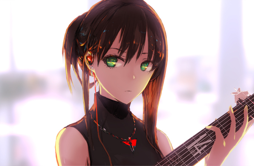 1girl brown_hair bust earphones earphones earrings green_eyes guitar idolmaster idolmaster_cinderella_girls instrument jewelry long_hair lowlight_kirilenko necklace shibuya_rin sleeveless sleeveless_shirt solo turtleneck