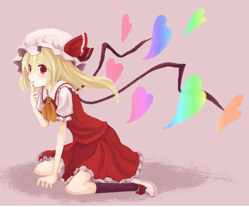 alternate_wings ascot blonde_hair blush bow finger_to_mouth flandre_scarlet heart highres kneeling mugi_(banban53) open_mouth red_eyes solo the_embodiment_of_scarlet_devil touhou wings