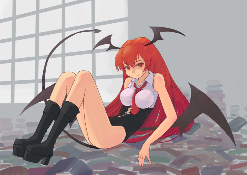 adapted_costume bat_wings boots demon_tail head_wings highres koakuma long_hair pinzu red_eyes red_hair redhead solo tail the_embodiment_of_scarlet_devil touhou wings