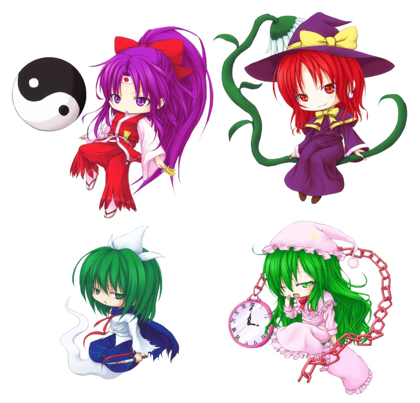 bow capelet chain chains chibi clock flower ghost ghost_tail green_eyes green_hair hair_bow hakurei_reimu hakurei_reimu_(pc-98) hat headband highres kazami_yuuka kazami_yuuka_(pc-98) kirisame_marisa kirisame_marisa_(pc-98) knife mima multiple_girls mystic_square nightcap nightgown ofuda pillow ponytail purple_eyes purple_hair red_eyes red_hair reg_(artist) sailor_collar sandals sitting tabi touhou touhou_(pc-98) wink witch witch_hat yawning yin_yang youkai