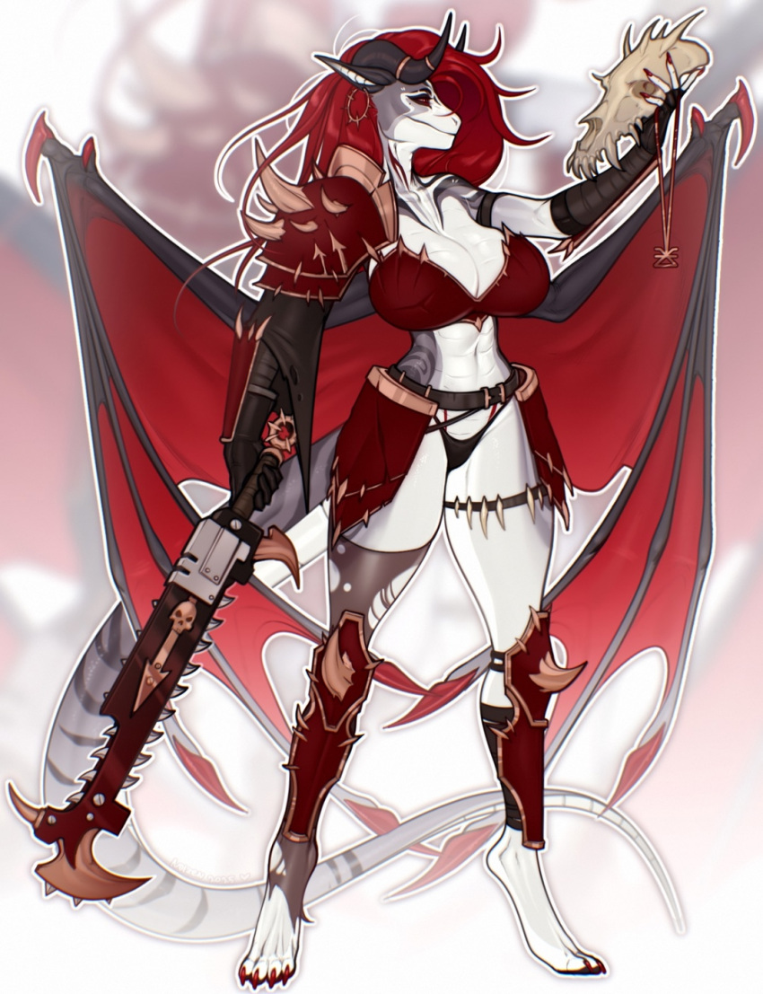 animal_skull armor bandages belt bikini black_bandages black_belt black_bikini blurry blurry_background breasts chainsword chaos_(warhammer) chaos_undivided_(symbol) collarbone colored_skin dragon_girl dragon_horns dragon_tail dragon_wings earrings gauntlets grey_skin greyscale highres holding holding_jewelry holding_necklace holding_skull holding_sword holding_weapon horns jewelry khorne_(cult) khorne_(symbol) knee_pads large_breasts long_hair long_tail looking_at_object monochrome multicolored_bikini necklace noizen original red_bikini red_eyes red_hair red_nails scales shoulder_armor skull spiked_kneepads swimsuit sword tail thigh_belt thigh_strap torn_clothes two-tone_bikini very_long_tail warhammer_40k weapon white_skin wings