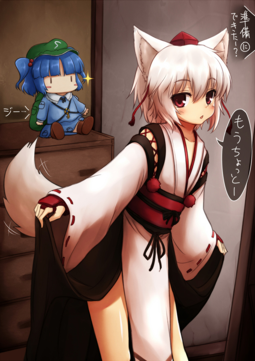 absurdres animal_ears blue_hair bridal_gauntlets character_doll detached_sleeves hair_bobbles hair_ornament hat highres inubashiri_momiji japanese_clothes kawashiro_nitori negija obi red_eyes short_hair solo tail tokin_hat touhou translated twintails white_hair wolf_ears wolf_tail