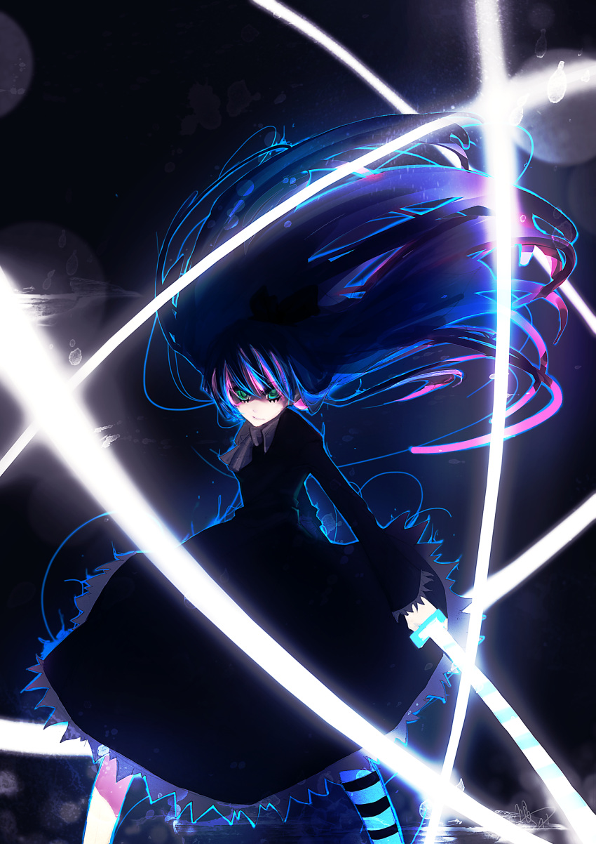 green_eyes highres lens_flare long_hair multicolored_hair panty_&amp;_stocking_with_garterbelt solo stocking_(character) stocking_(psg) striped striped_legwear striped_thighhighs stripes_i_&amp;_ii sword thigh-highs thighhighs two-tone_hair urami weapon