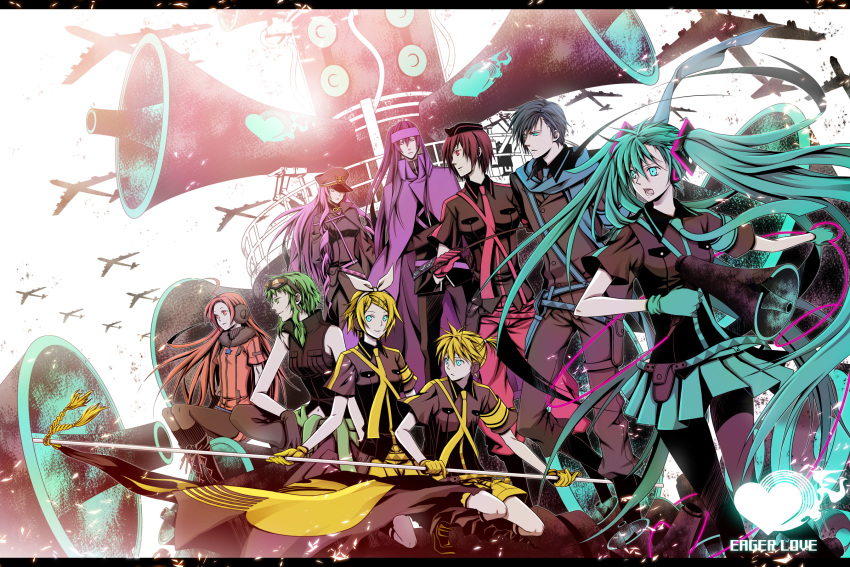 ahoge angry aqua_eyes aqua_hair blond_hair blonde_hair blue_eyes blue_hair bomber boots brown_hair earphones female flag gloves glowing_eyes goggles goggles_on_head green_eyes green_hair group gumi hat hatsune_miku headphones heart highres kagamine_len kagamine_rin kaito kamui_gakupo koi_wa_sensou_(vocaloid) long_hair male megaphone megurine_luka meiko miki miki_(vocaloid) necktie pink_eyes pink_hair ponytail purple_hair red_eyes redhead ribbon scarf sf-a2_miki short_hair shorts skirt smile twins twintails uniform violet_eyes vocaloid yuuno_(yukioka)