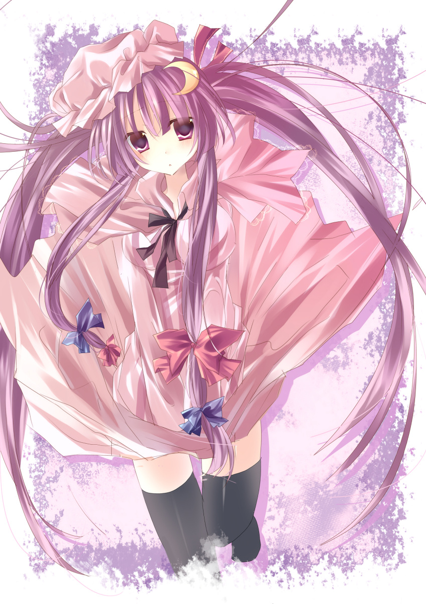 absurdres alternate_hairstyle black_legwear black_thighhighs bow breasts crescent garter_straps hair_bow hat highres impossible_clothes impossible_clothing kisaragi_kiriha large_breasts long_hair patchouli_knowledge purple_eyes purple_hair skirt skirt_tug solo thigh-highs thighhighs touhou twintails violet_eyes wings