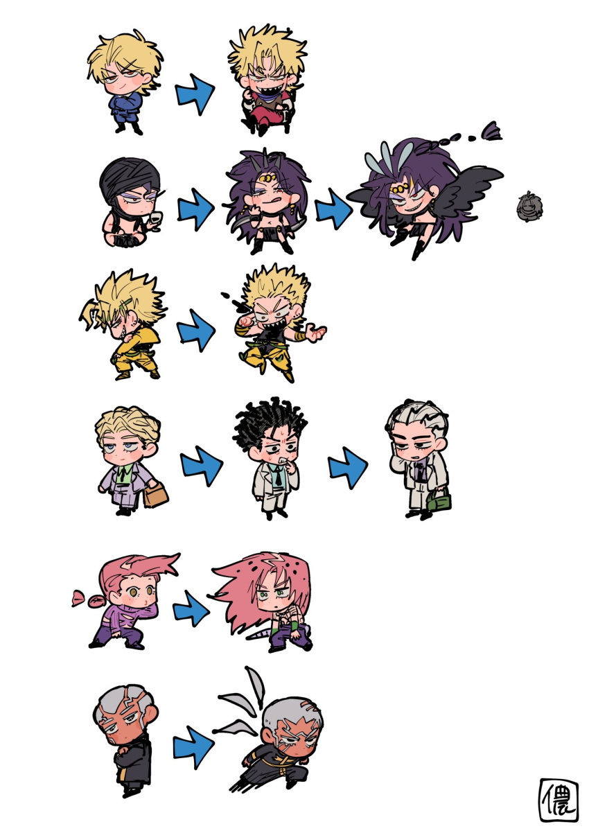 5boys arrow_(symbol) battle_tendency blonde_hair blush_stickers chibi chibi_only commentary_request crazy_smile diamond_wa_kudakenai diavolo dio_brando enrico_pucci grey_hair highres jojo_no_kimyou_na_bouken kars_(jojo) kawajiri_kosaku kira_yoshikage male_focus multiple_boys multiple_views phantom_blood pink_hair priest progression purple_hair simple_background smile stardust_crusaders stone_ocean vento_aureo vinegar_doppio wao white_background