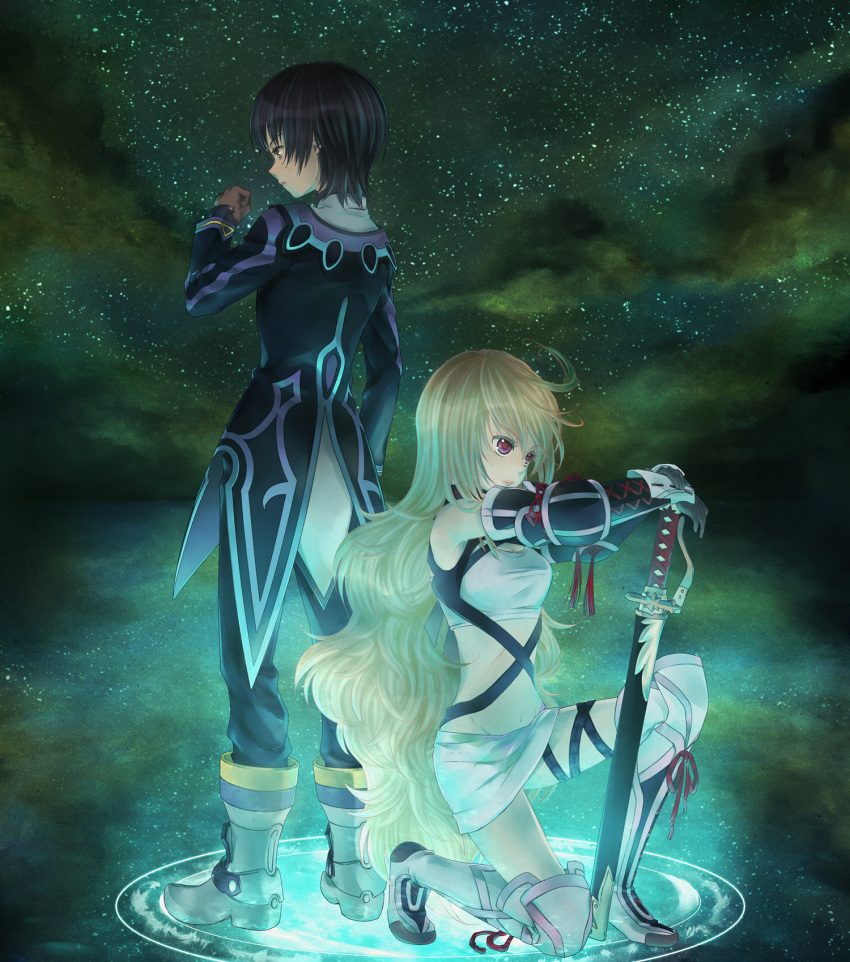 1girl back-to-back black_hair blonde_hair gloves green_background highres jude_mathis long_hair ma_na_roo milla_maxwell purple_eyes sky star sword tales_of_(series) tales_of_xillia violet_eyes weapon yellow_eyes