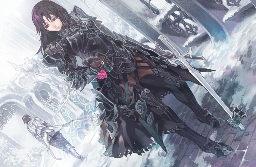 armor boots commentary dutch_angle flower gauntlets jewelry original pantyhose pink_rose purple_eyes purple_hair ring rose statue sword thigh_boots thighhighs violet_eyes weapon