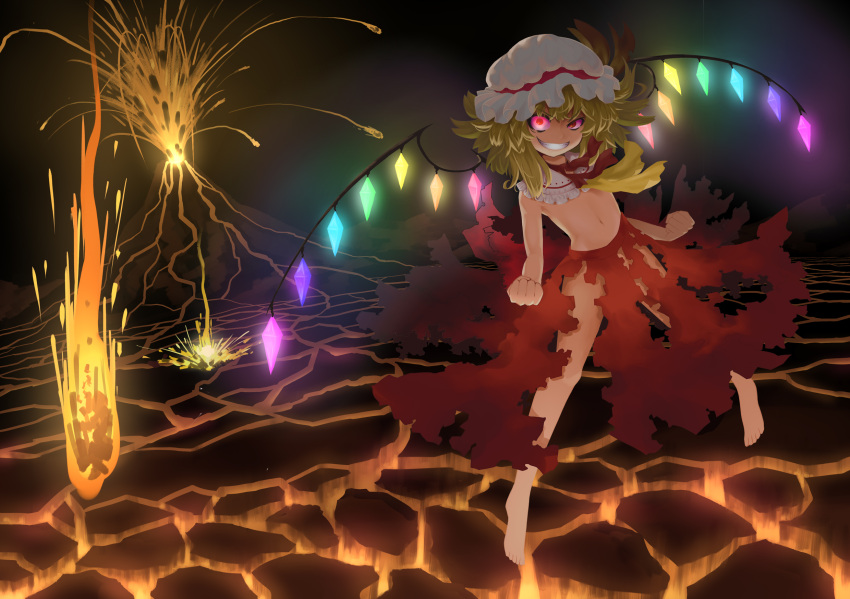 1girl ascot barefoot blonde_hair capelet censored convenient_censoring crazy flandre_scarlet glowing glowing_eye glowing_wings hat highres kuro_oolong red_eyes short_hair side_ponytail skirt solo topless torn_clothes torn_skirt touhou volcano wings