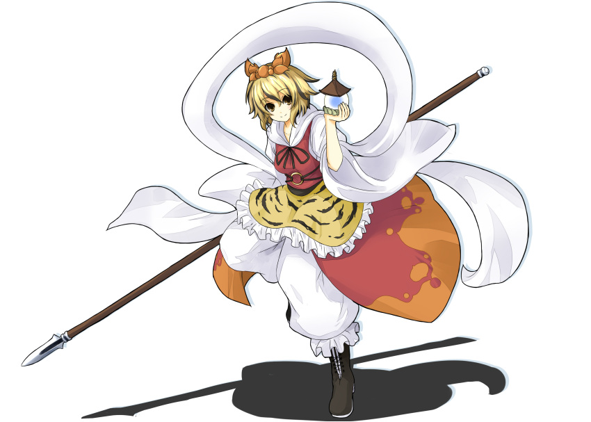 absurdres black_hair blonde_hair boots cross-laced_footwear hair_ornament highres jeweled_pagoda lace-up_boots multicolored_hair pants polearm shawl short_hair smile solo spear tiger_print toramaru_shou touhou two-tone_hair weapon yu-ves