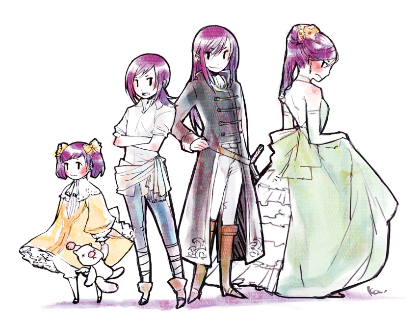alternate_costume alternate_hairstyle androgynous belt blush boots child coat crossdressinging crossed_arms doll dress elbow_gloves embarrassed faris_scherwiz female final_fantasy final_fantasy_v girl gloves hair_up jacket katsura_(+araka) long_hair moogle multiple_persona open_mouth pants pigtails pirate ponytail princess purple_hair reverse_trap ribbon shirt short_twintails solo spoilers standing stuffed_animal stuffed_toy time_paradox tomboy twintails white_shirt yellow_ribbon young