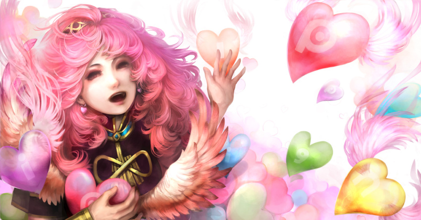 curly_hair earrings hairband heart jewelry long_hair megurine_luka open_mouth pink_hair realistic solo vocaloid wavy_hair wings youshun_(naturaljuice) youshun_(pixiv63924)