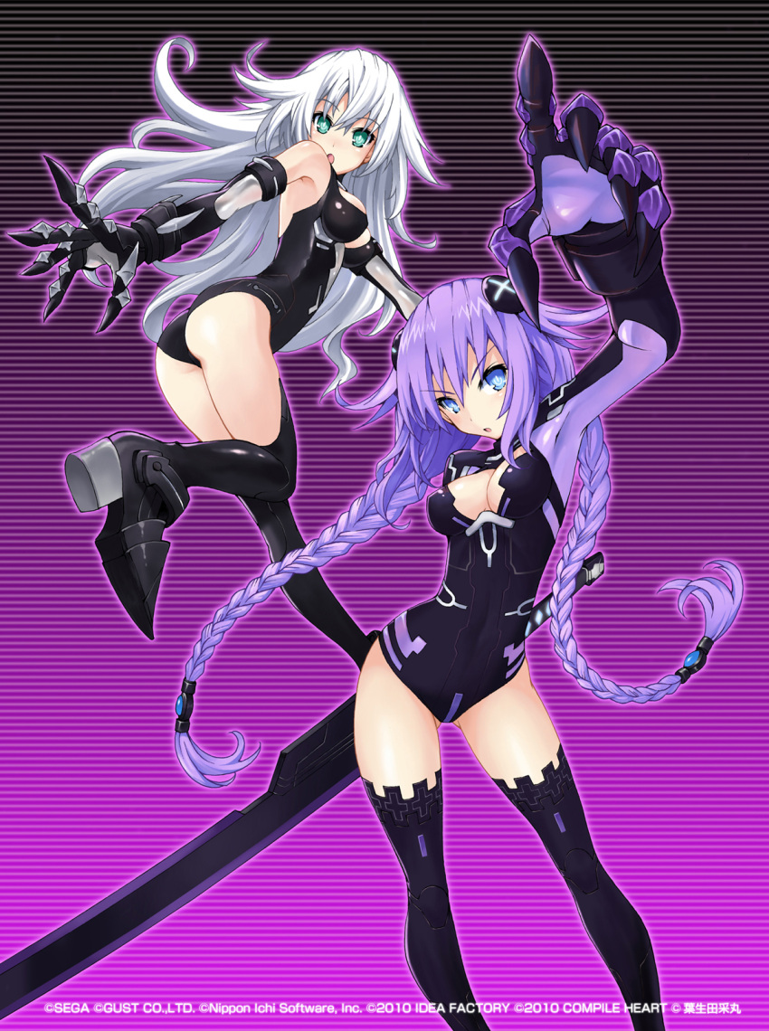 2girls ass bare_shoulders black_legwear black_thighhighs blue_eyes bodysuit braid breasts choujigen_game_neptune cleavage cleavage_cutout compile_heart cradlehollow elbow_gloves female gloves green_eyes gust hair_ornament high_heels highres idea_factory long_hair looking_back multiple_girls nippon_ichi official_art open_mouth purple_hair purple_heart sega shoes silver_hair sword symbol-shaped_pupils thighhighs twin_braids very_long_hair weapon