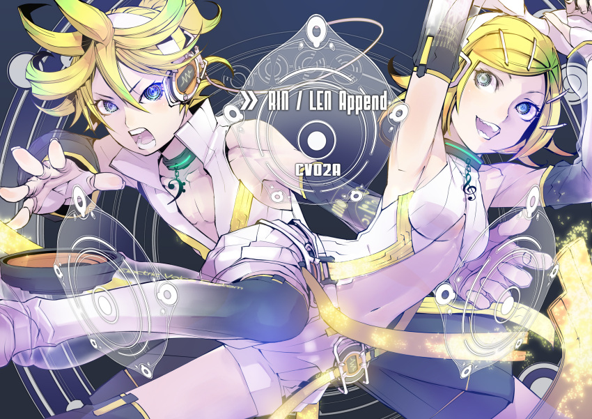 arm_warmers armpits arms_up bare_shoulders bass_clef blonde_hair blush brother_and_sister detached_sleeves fingerless_gloves gloves hair_ornament hair_ribbon hairclip headphones highres kagamine_len kagamine_len_(append) kagamine_rin kagamine_rin_(append) leg_warmers navel open_mouth ponytail popped_collar ribbon short_hair shorts siblings smile stregoicavar thigh-highs thighhighs treble_clef twins vocaloid vocaloid_append