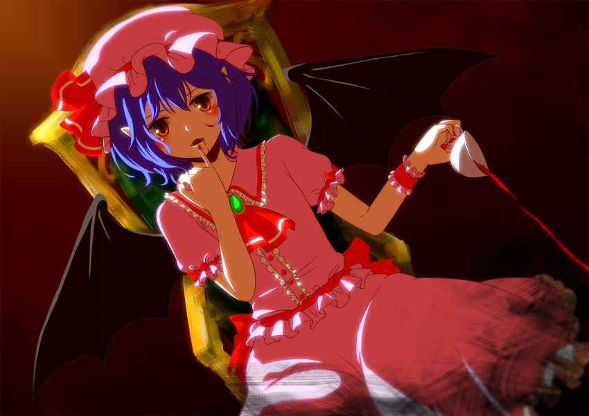 anime_coloring bad_id bat_wings blood chair cup dutch_angle finger_to_mouth hat highres looking_at_viewer marie_no13 pointy_ears purple_hair red_eyes remilia_scarlet short_hair sitting solo spilling tea teacup touhou twilight wings
