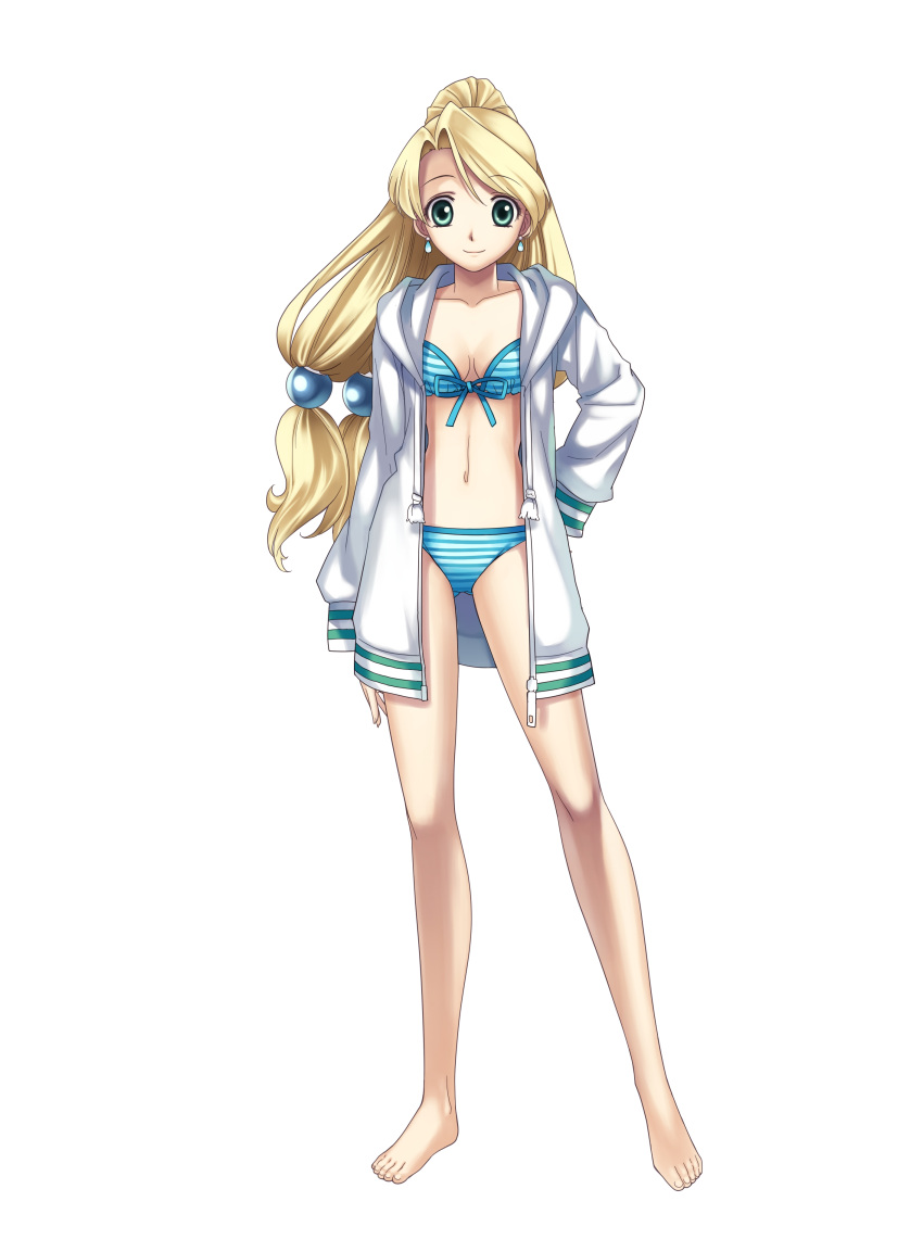 absurdres alternate_costume aqua_eyes atelier atelier_(series) atelier_marie_alchemist_of_salburg bangs barefoot bikini blonde_hair blue_bikini breasts cleavage cross_edge earrings feet front-tie_top green_eyes gust hair_bobbles hair_ornament highres hirano_katsuyuki hoodie jacket jewelry legs long_hair low-tied_long_hair marie_(atelier) marlone navel official_art open_clothes open_jacket parted_bangs ponytail quad_tails simple_background smile solo standing striped striped_bikini striped_swimsuit swimsuit swimsuit_under_clothes unzipped white_background zipper