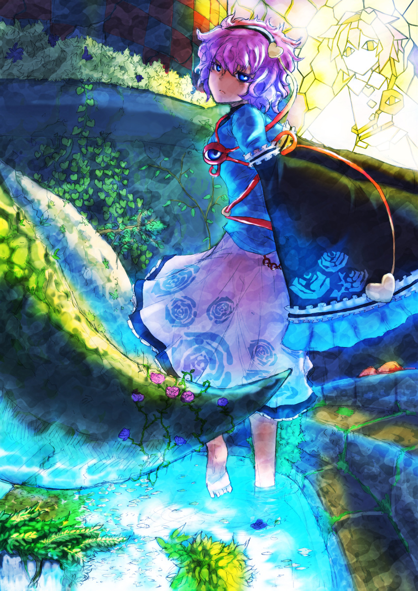 absurdres barefoot blue_eyes colorful feet_in_water glowing gradient_hair highres komeiji_satori mixed_media multicolored_hair pink_hair purple_hair short_hair solo sonjow4 stained_glass touhou wading water wavy_hair wide_sleeves