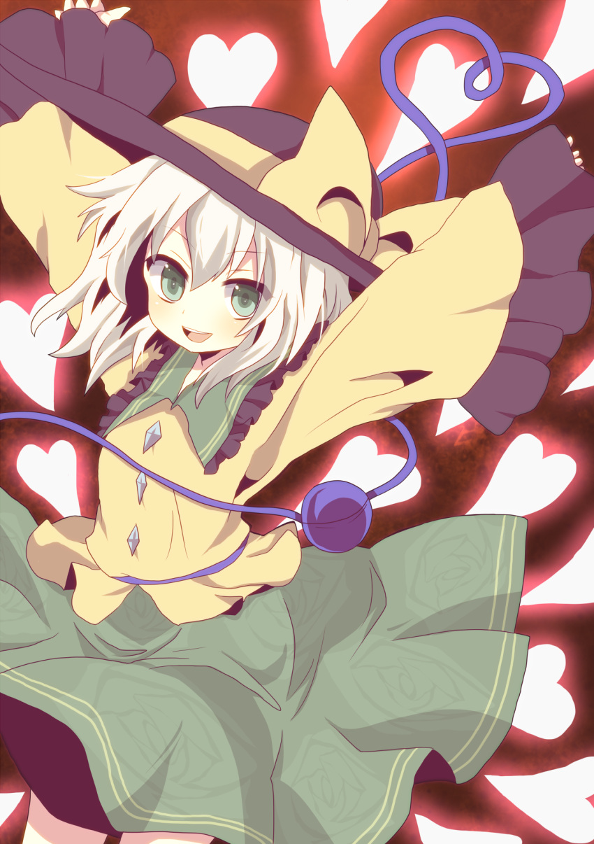 bad_id bow danmaku green_eyes grey_hair hat heart heart_of_string highres komeiji_koishi mari_audio open_mouth outstretched_arms smile solo touhou