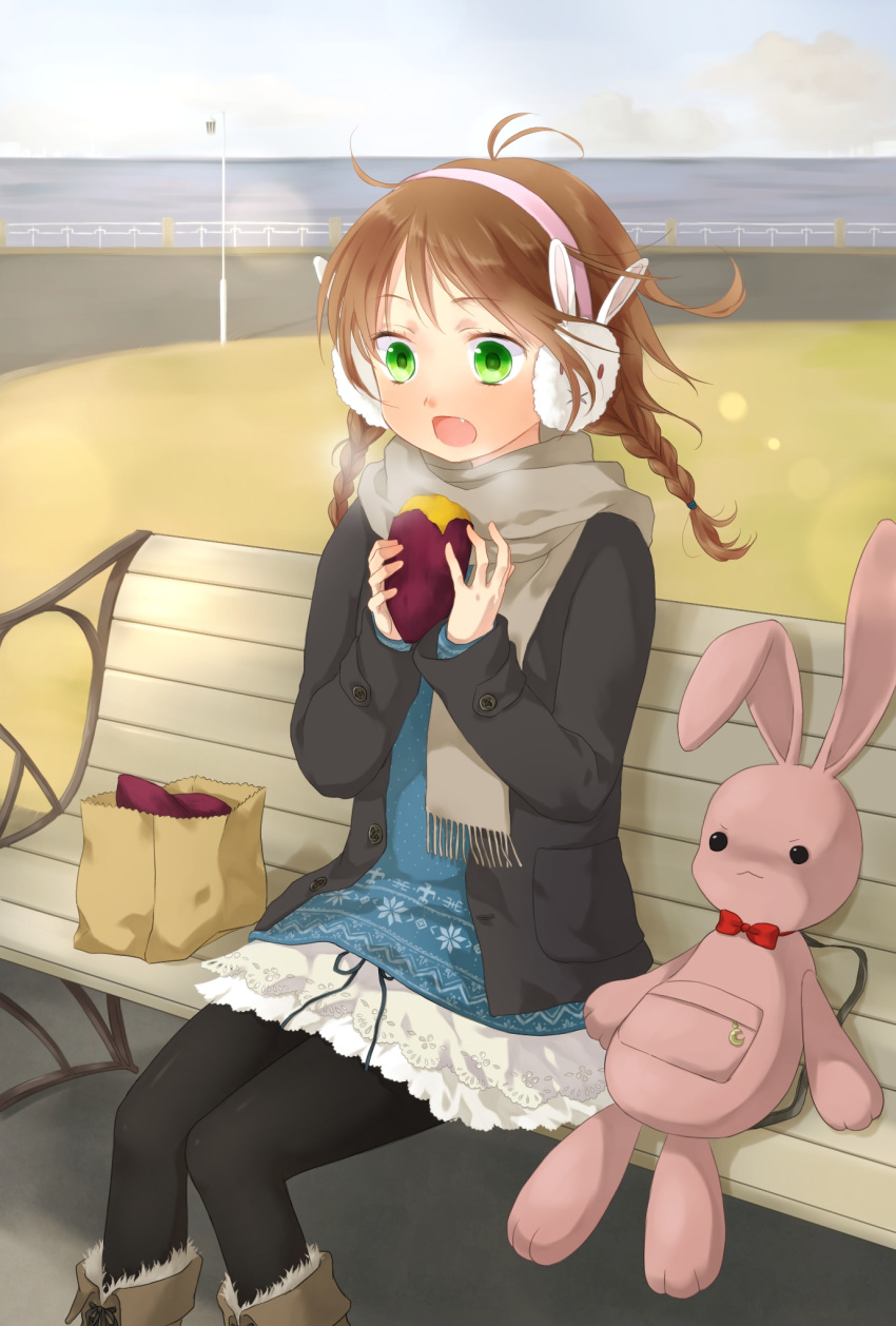 bag bench black_legwear black_pantyhose boots braid brown_hair bunny_earmuffs earmuffs fang food green_eyes highres okitune-sama original pantyhose randoseru scarf solo sweet_potato twin_braids twintails